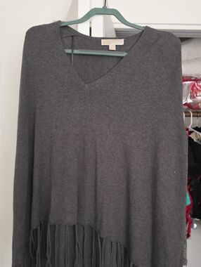 MICHAEL Michael Kors Charcoal Gray Fringed V-Neck Poncho